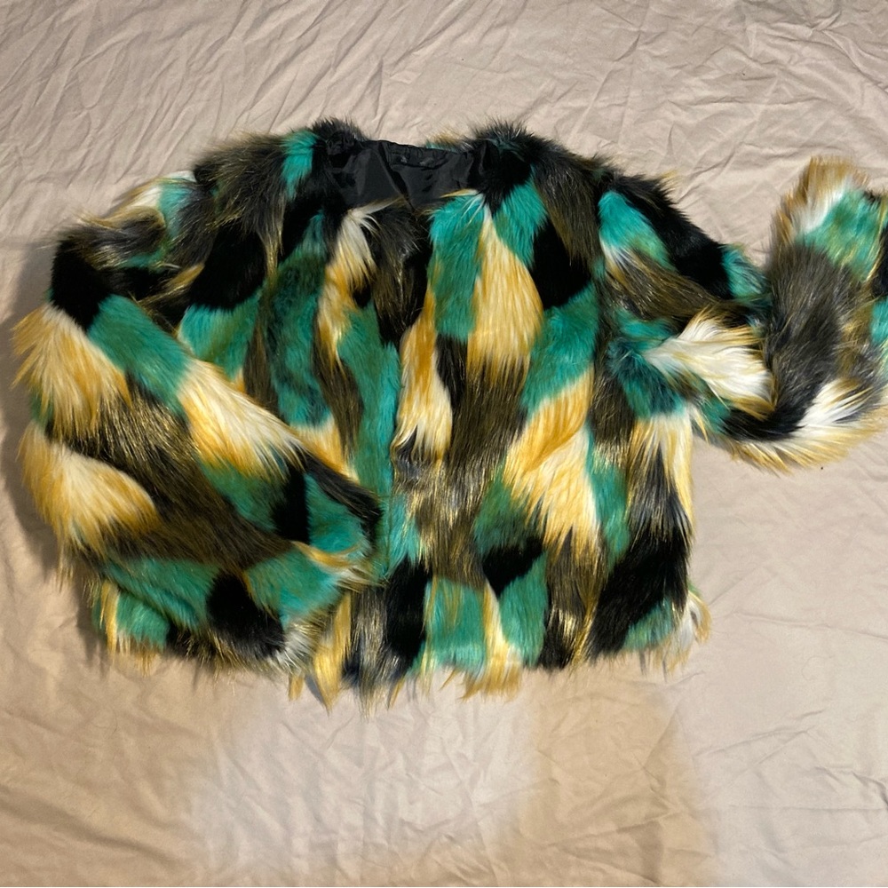For Her NYC, NWT, Multicolor Faux Fur Jacket (Black, White, Mint, Gold)